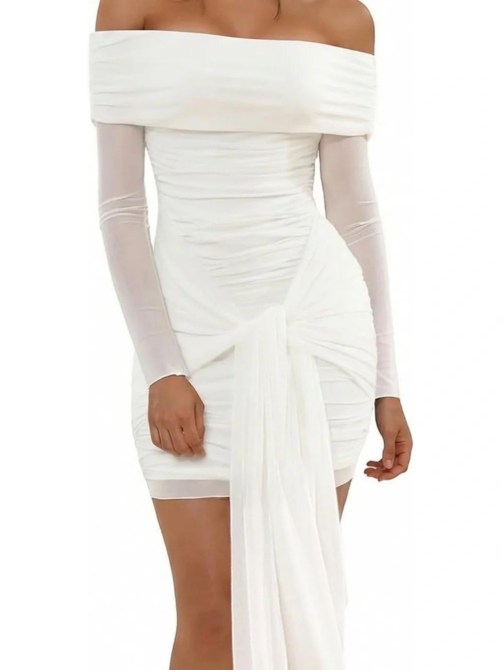 White Off-Shoulder Ruched Mini Dress with Draped Sash